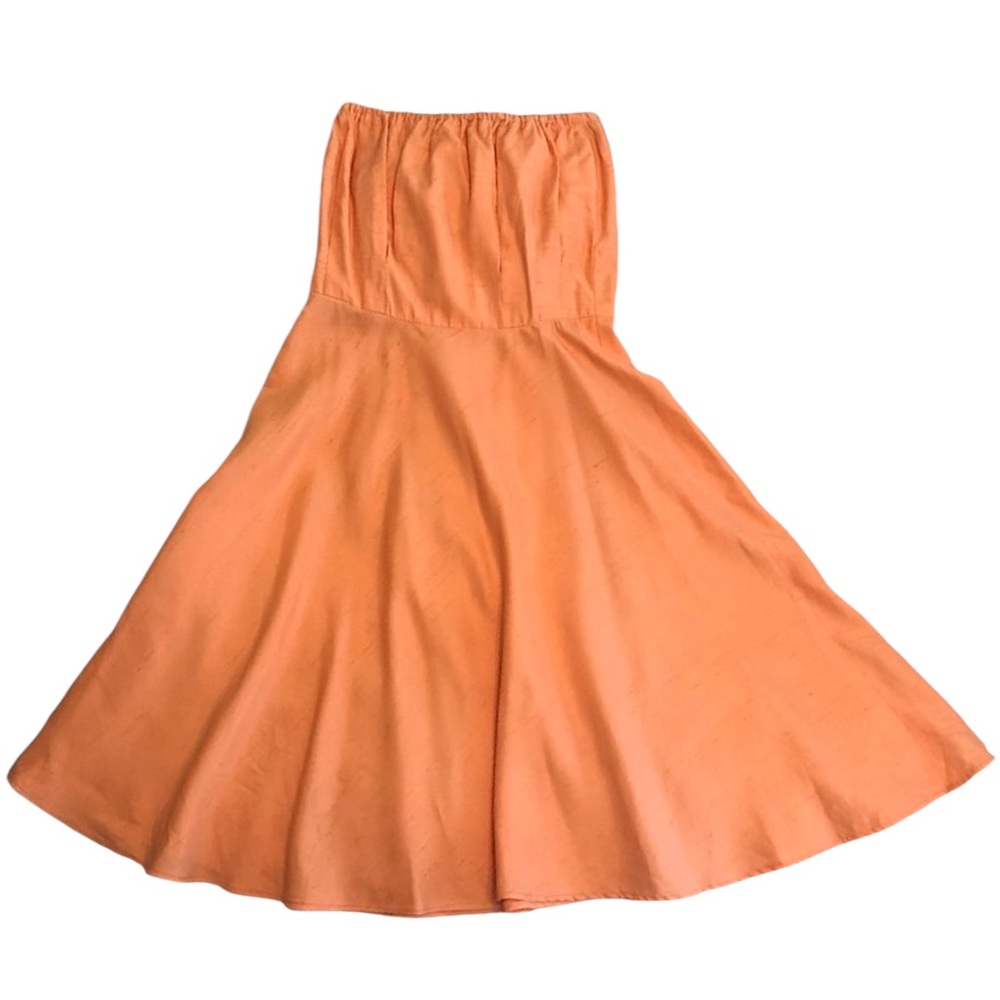 VTG SHAREEN AGAIN Reworked Vintage Silk Fabric Peach Strapless Tube Midi Dress - Picture 2 of 16
